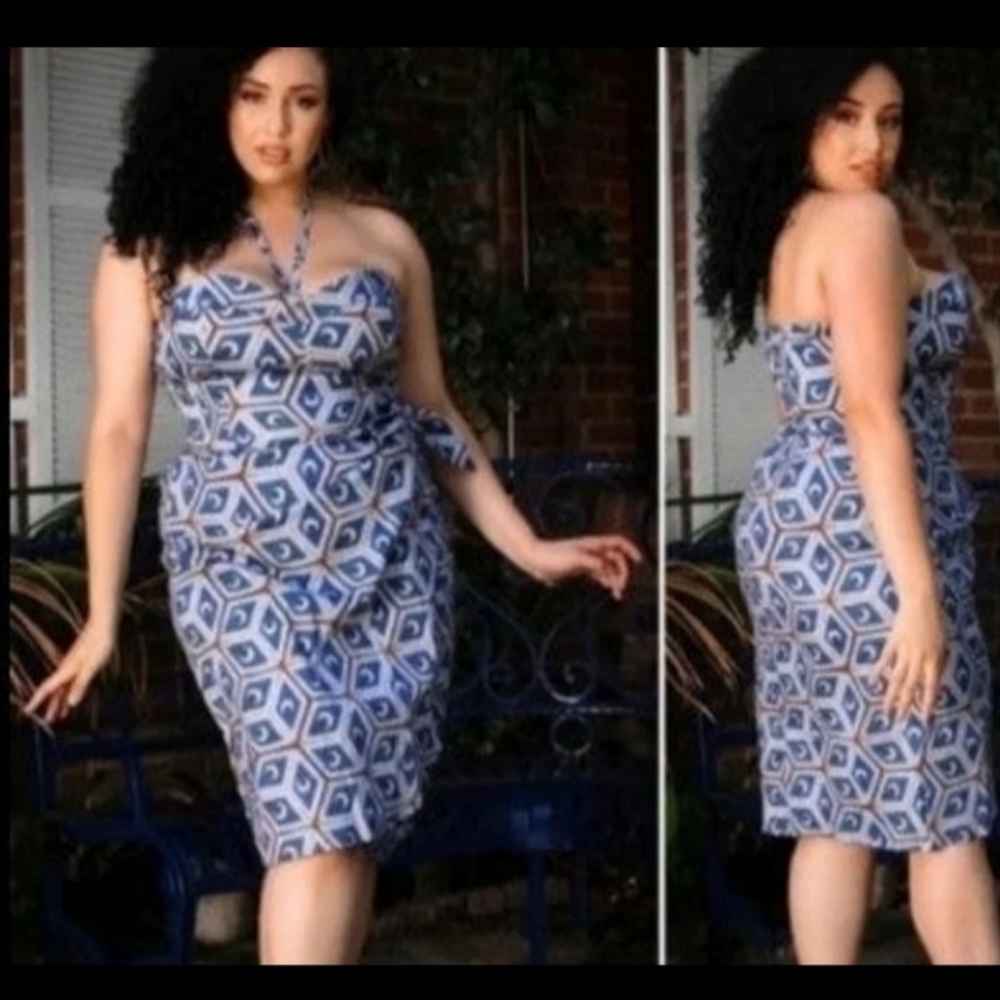 Pinup Couture Blue and White Geometric Dress
